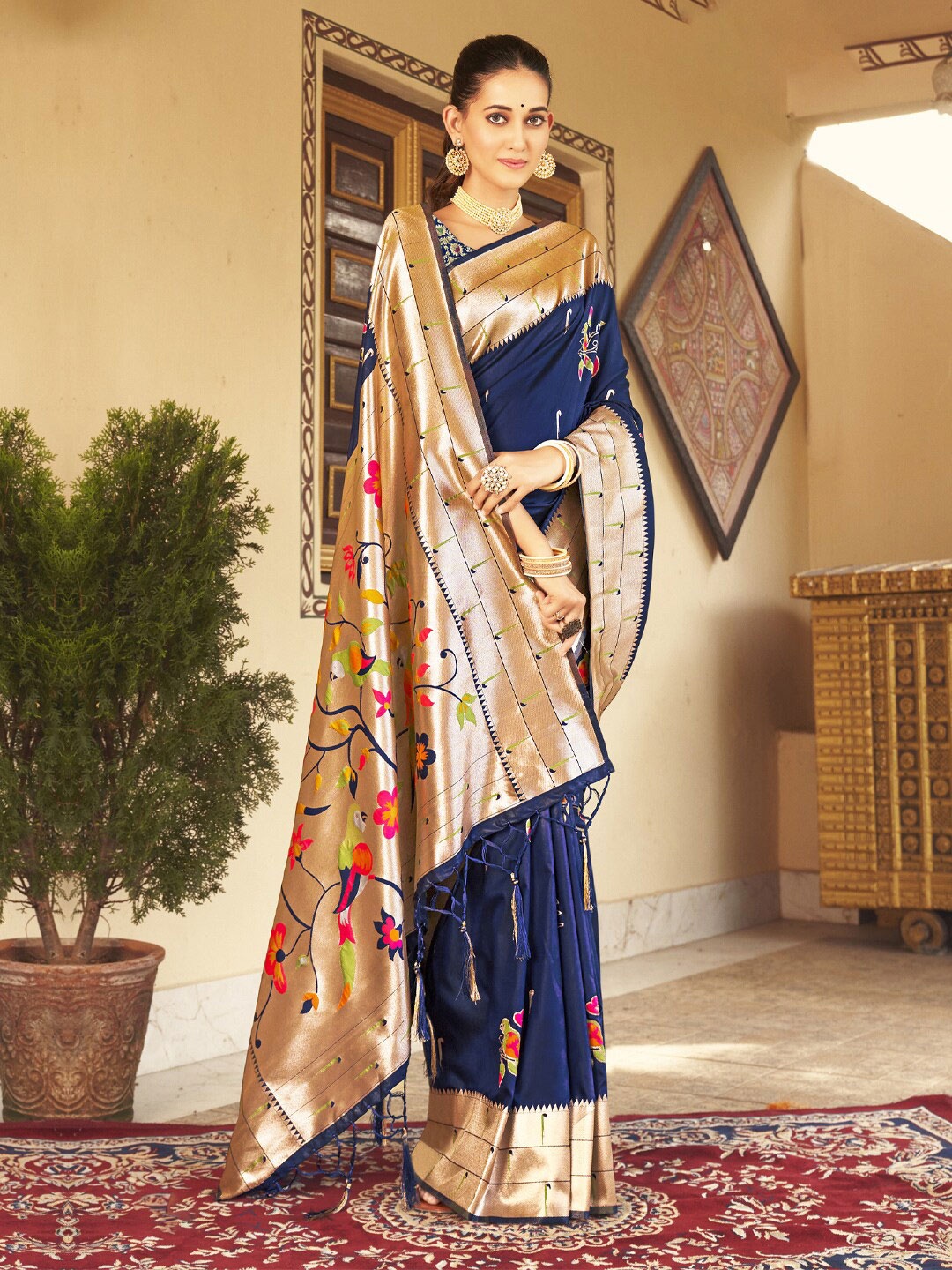 

SANGAM PRINTS Ethnic Motifs Woven Design Zari Paithani Saree, Navy blue