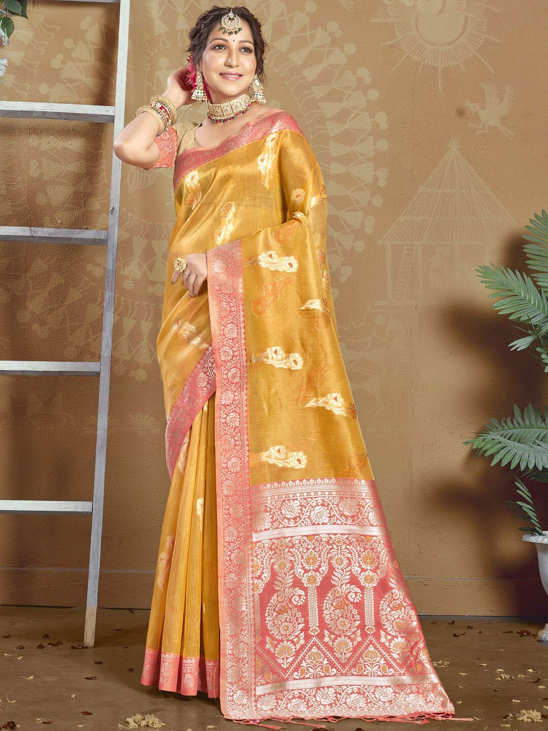 

SANGAM PRINTS Floral Woven Design Zari Saree, Mustard