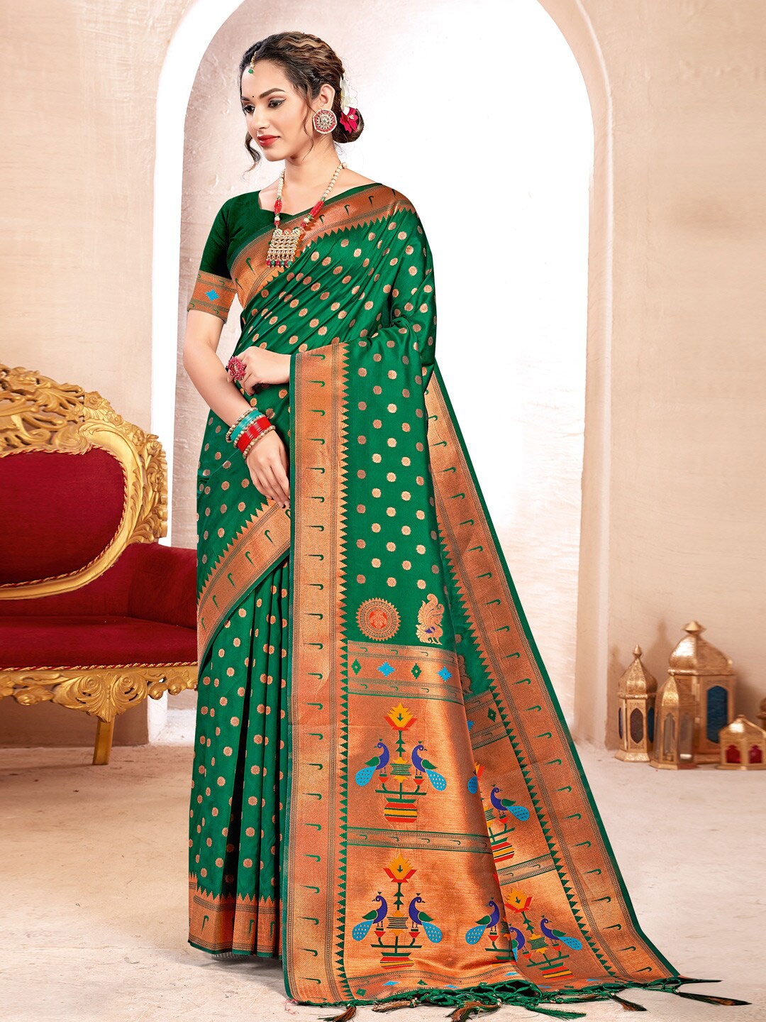 

SANGAM PRINTS Ethnic Motifs Woven Design Zari Paithani Saree, Green
