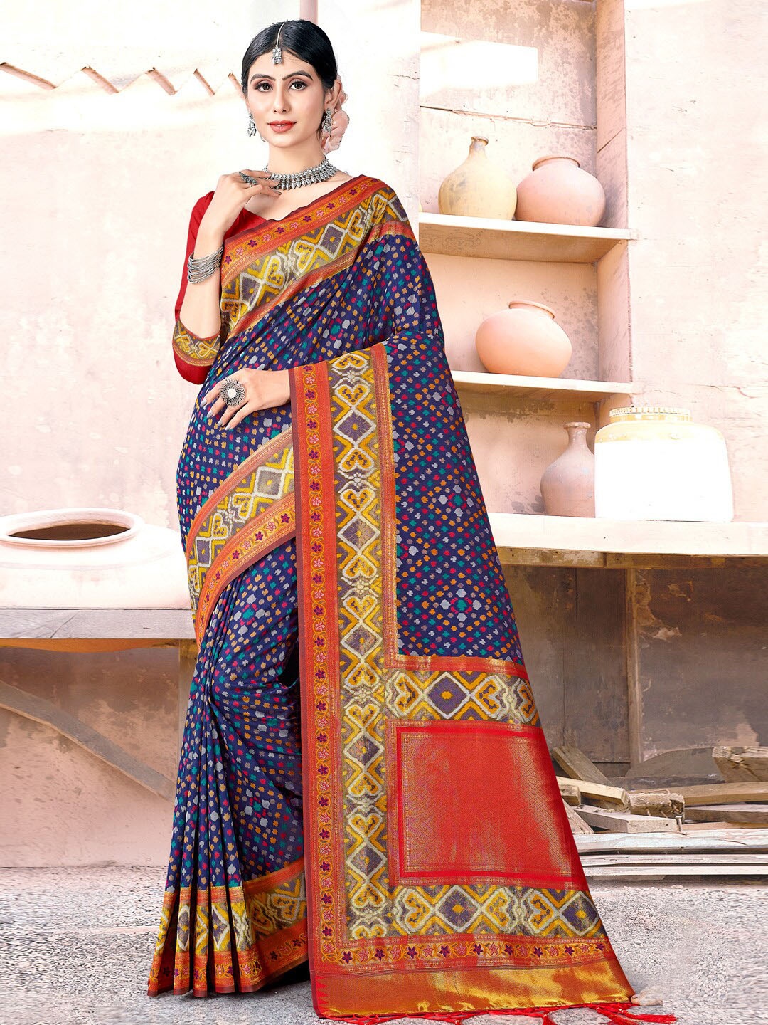 

SANGAM PRINTS Ethnic Motifs Woven Design Zari Silk Blend Saree, Blue
