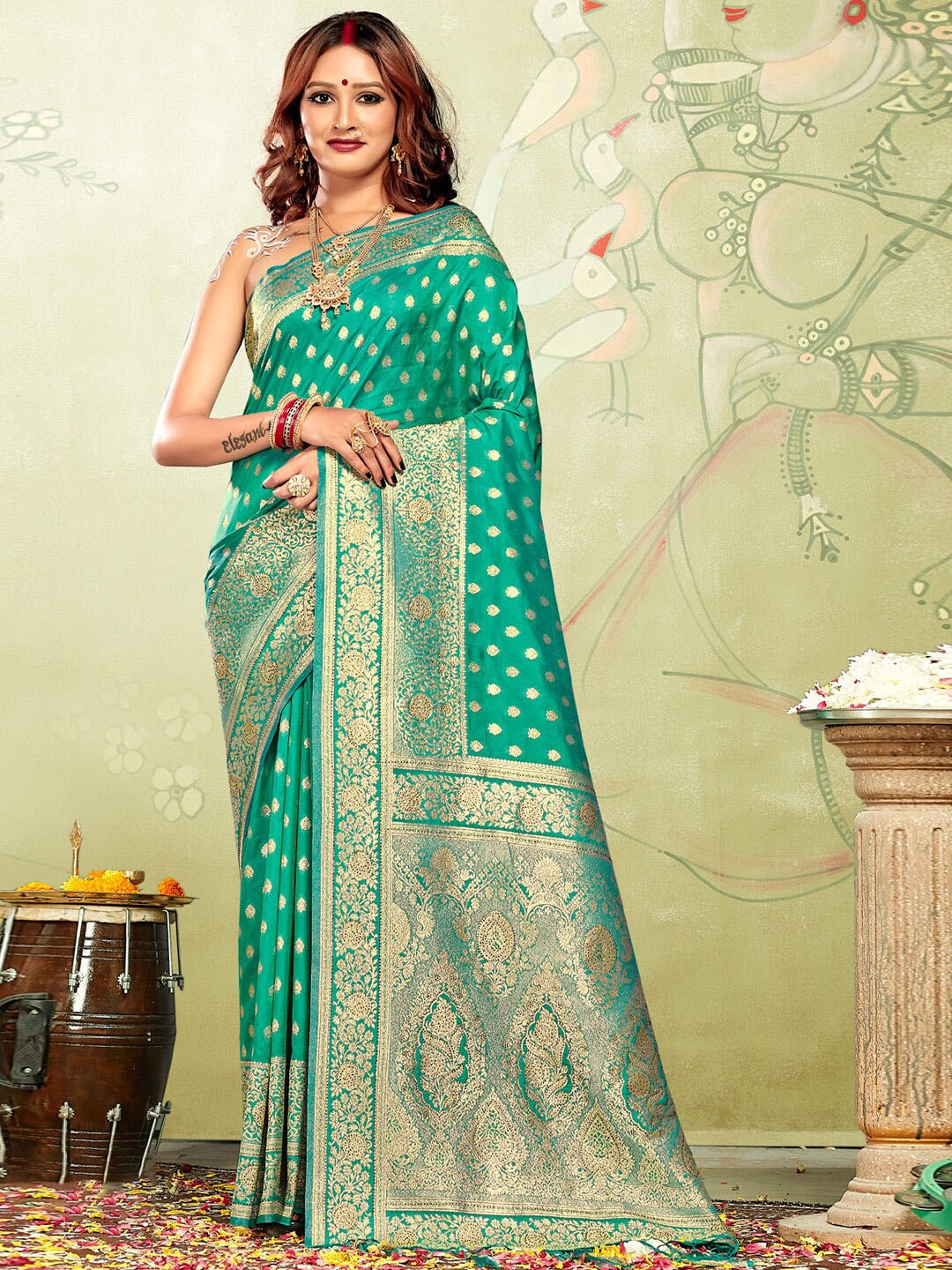 

SANGAM PRINTS Ethnic Motifs Woven Design Zari Silk Blend Banarasi Saree, Green