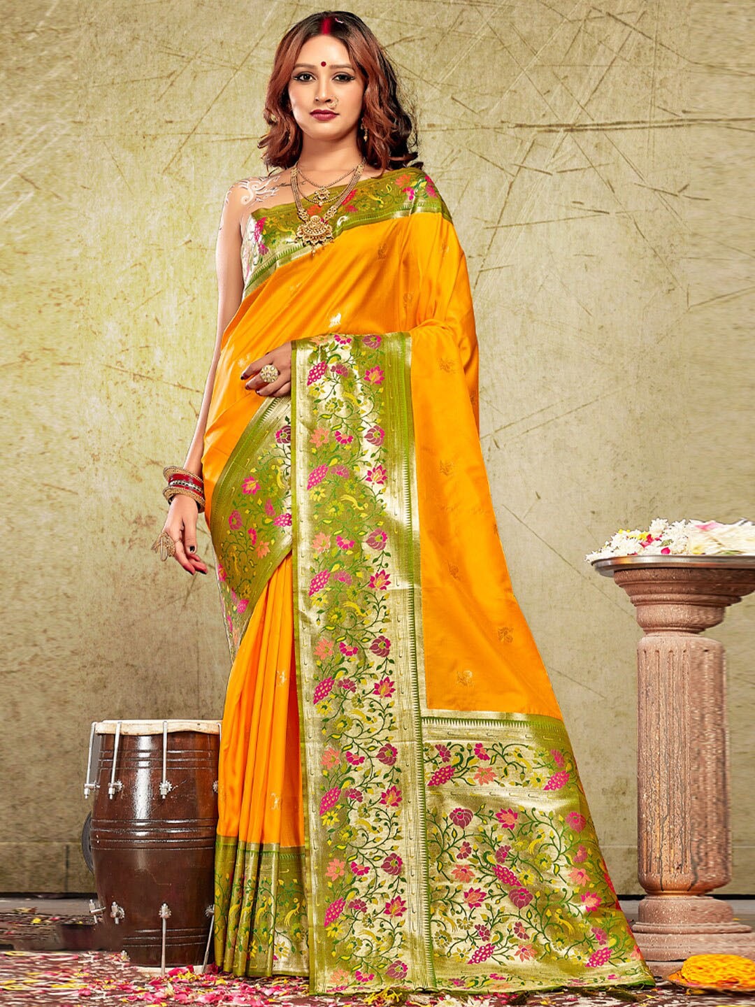 

SANGAM PRINTS Ethnic Motifs Woven Design Zari Silk Blend Paithani Saree, Yellow