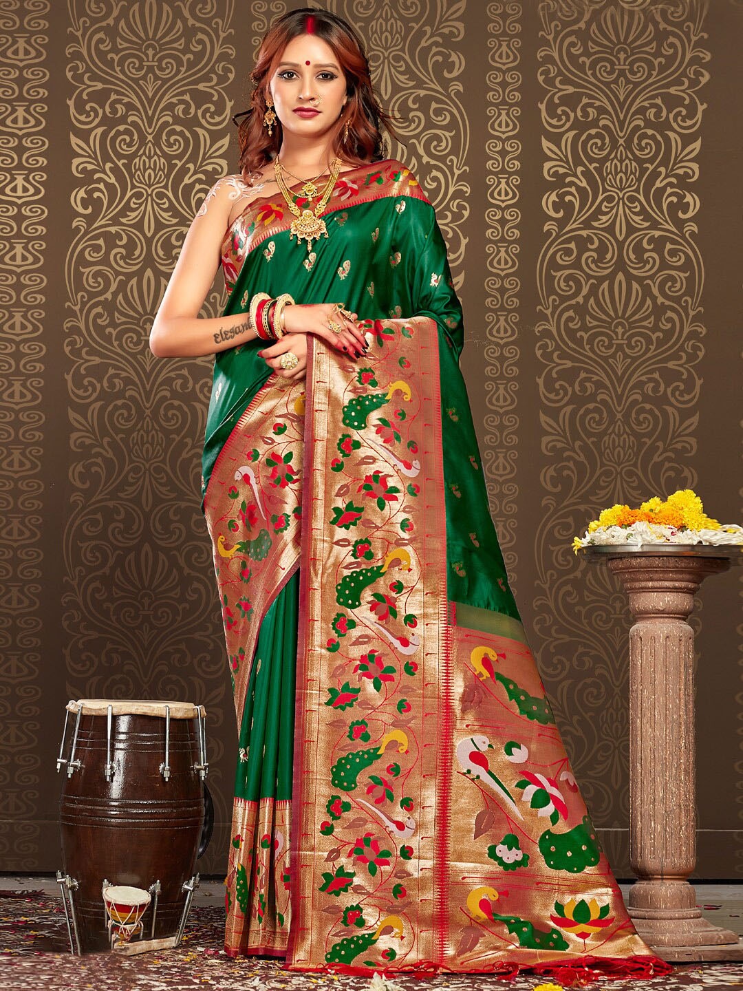 

SANGAM PRINTS Ethnic Printed Woven Design Zari Silk Blend Paithani Saree, Green