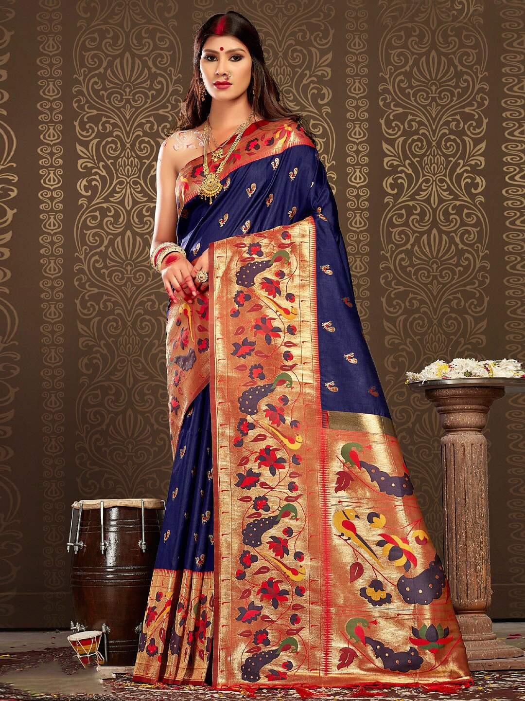 

SANGAM PRINTS Ethnic Motifs Woven Design Zari Silk Blend Paithani Saree, Navy blue