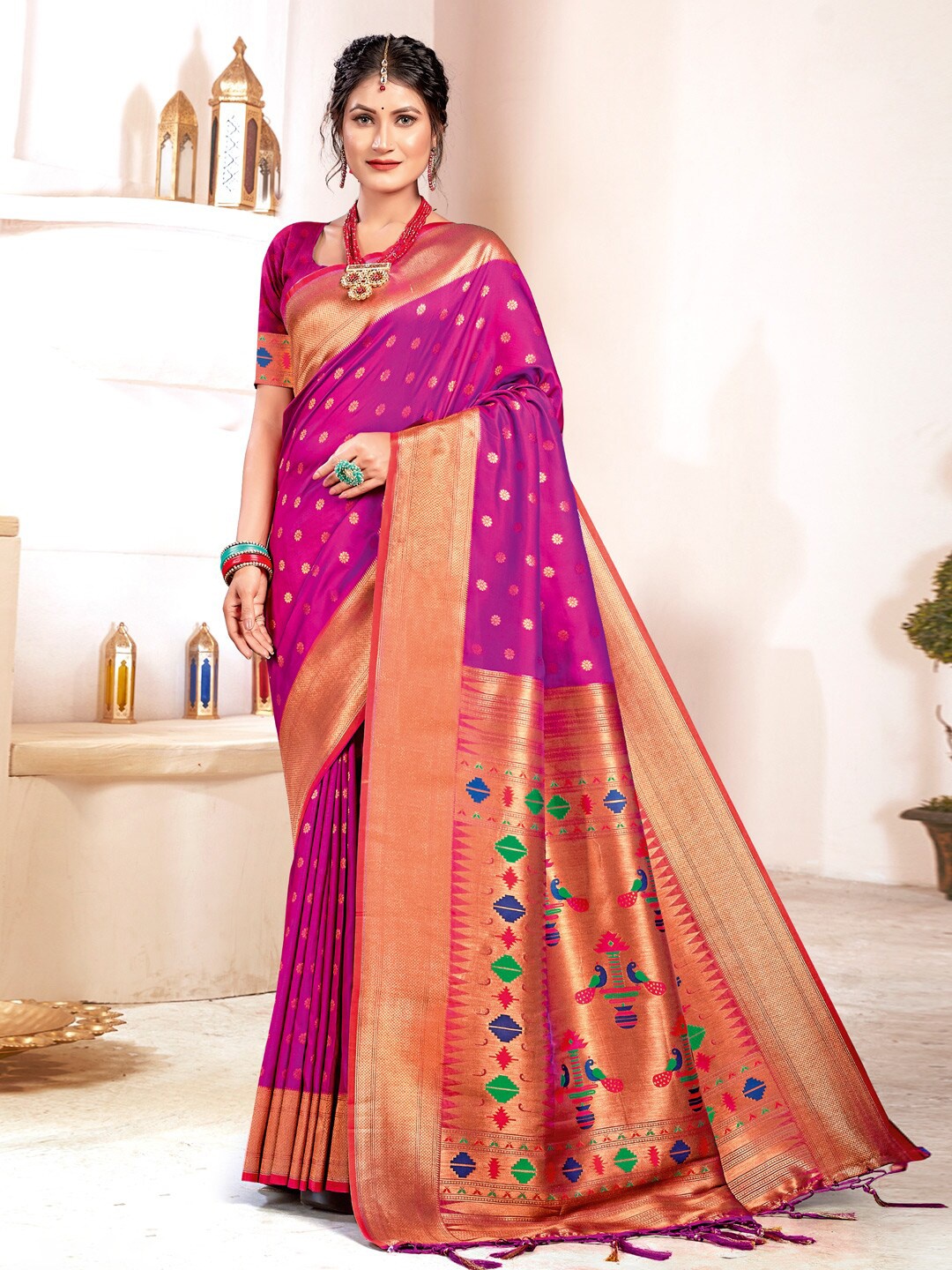

SANGAM PRINTS Ethnic Motifs Woven Design Zari Silk Blend Paithani Saree, Purple