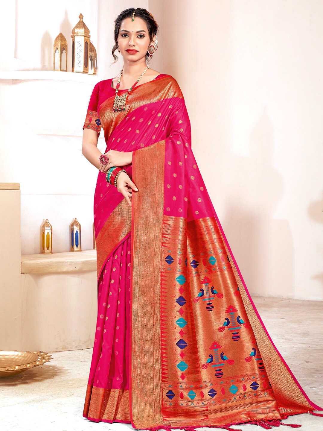 

SANGAM PRINTS Ethnic Motifs Woven Design Zari Silk Blend Paithani Saree, Pink