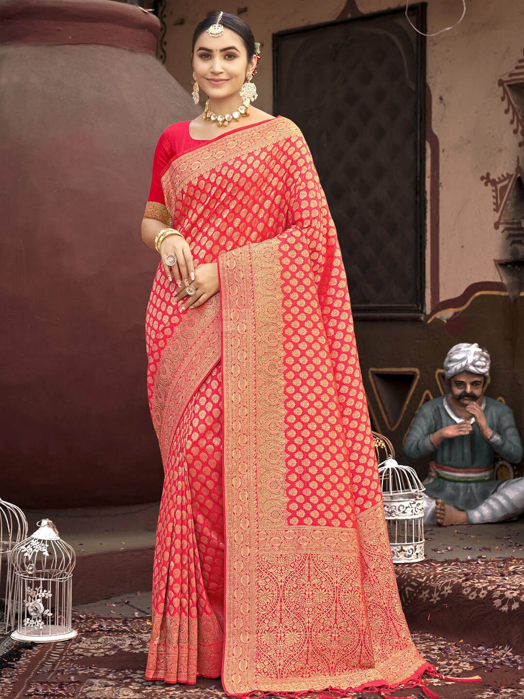 

SANGAM PRINTS Ethnic Motifs Woven Design Zari Banarasi Saree, Peach