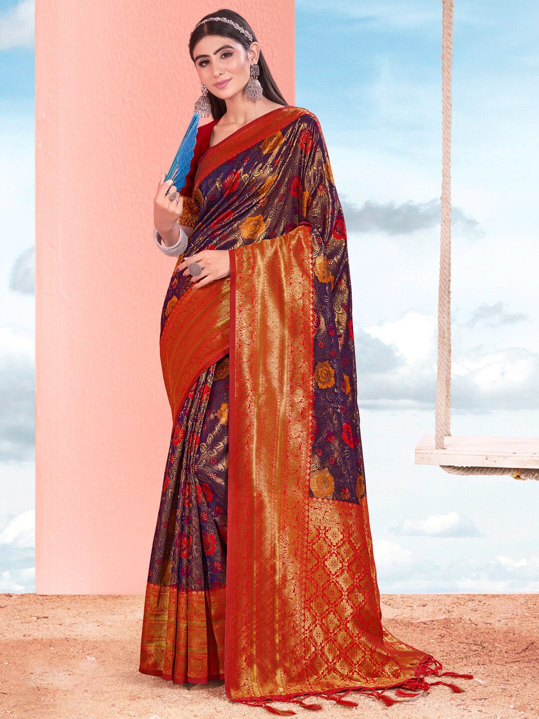 

SANGAM PRINTS Ethnic Motifs Woven Design Zari Kanjeevaram Saree, Blue
