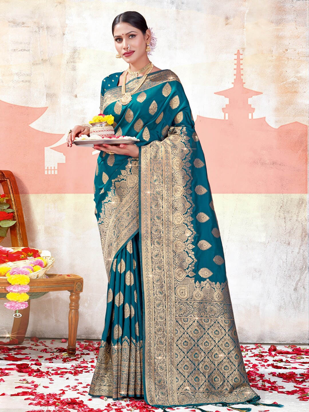

SANGAM PRINTS Ethnic Motifs Woven Design Saree, Blue