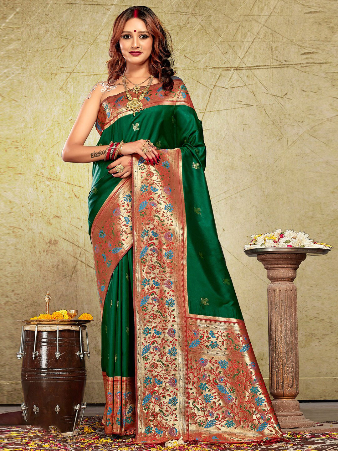 

SANGAM PRINTS Ethnic Motifs Woven Design Zari Paithani Saree, Green