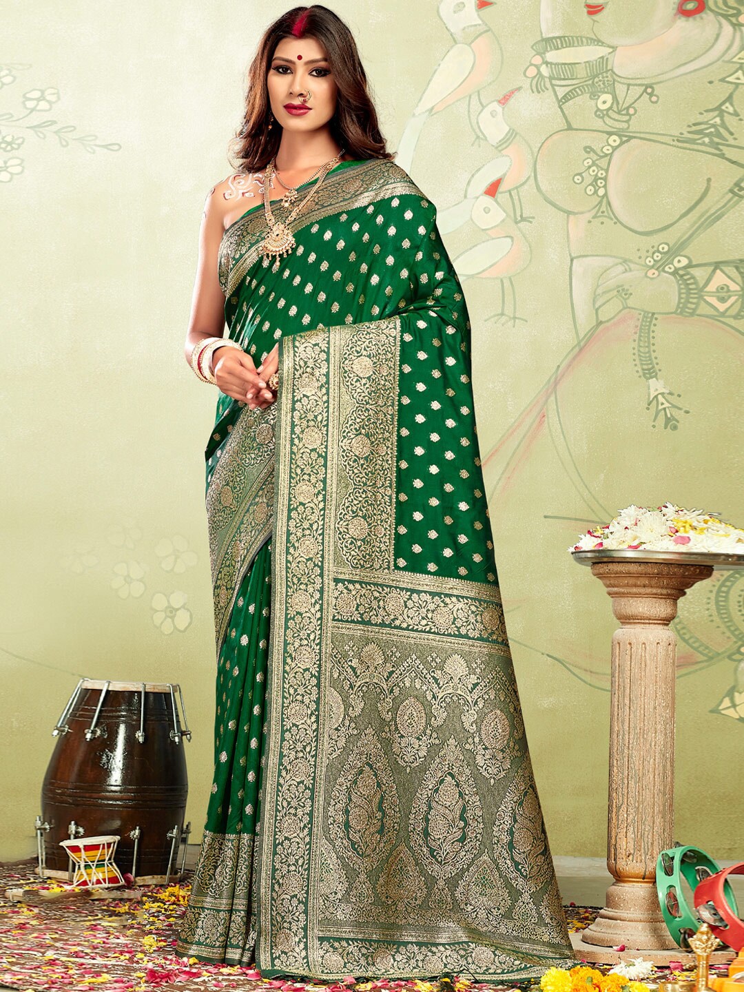 

SANGAM PRINTS Ethnic Motifs Woven Design Zari Silk Blend Banarasi Saree, Green