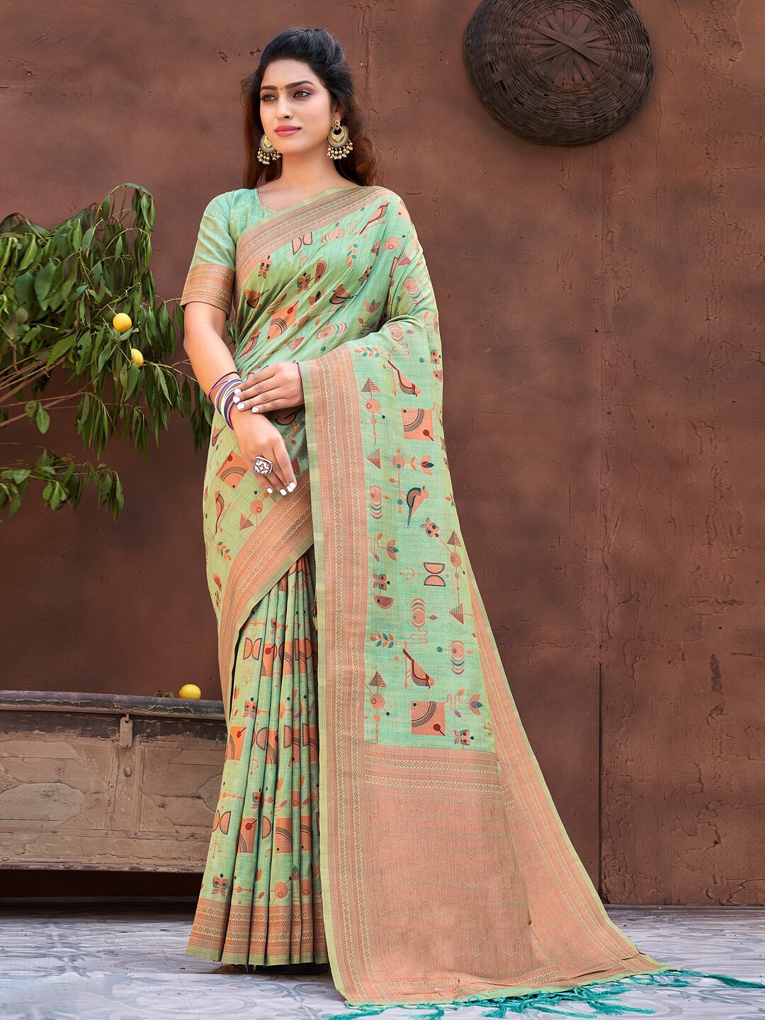 

SANGAM PRINTS Ethnic Motifs Silk Blend Saree, Sea green