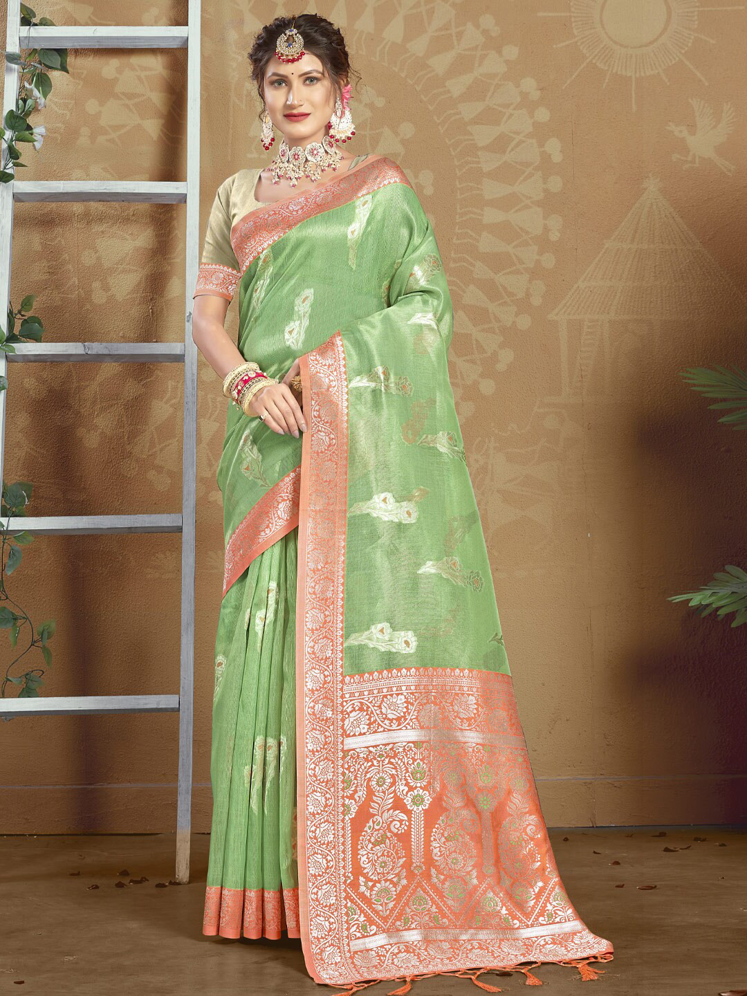 

SANGAM PRINTS Ethnic Motifs Woven Design Zari Saree, Sea green