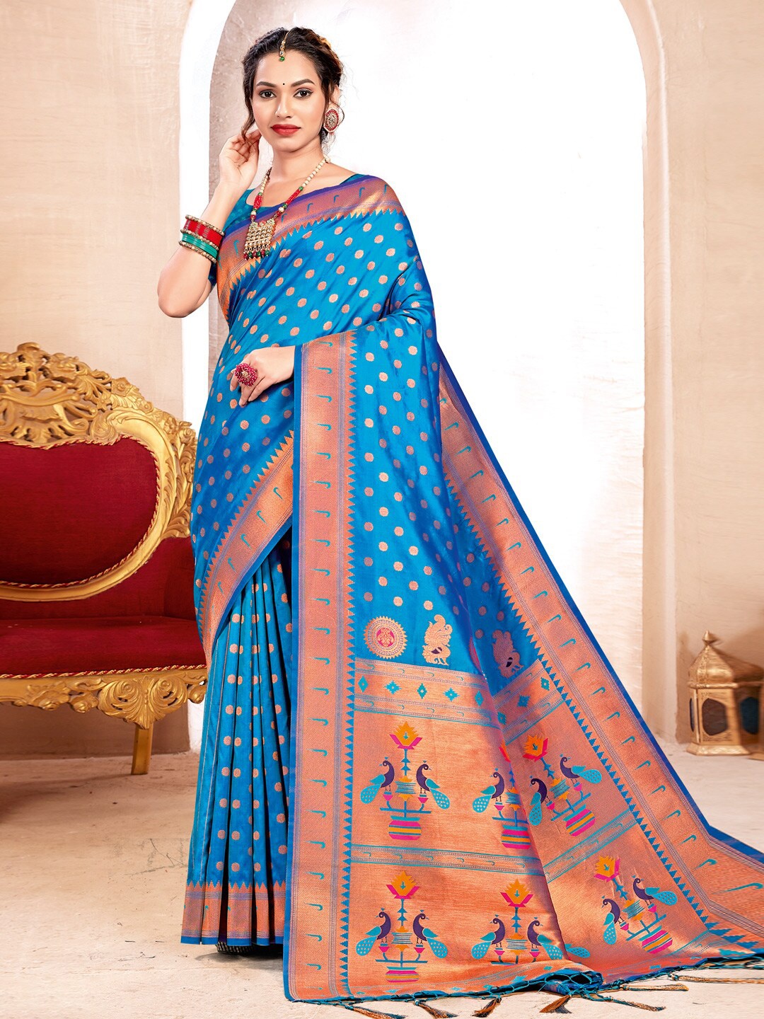 

SANGAM PRINTS Ethnic Motifs Woven Design Zari Silk Blend Paithani Saree, Blue