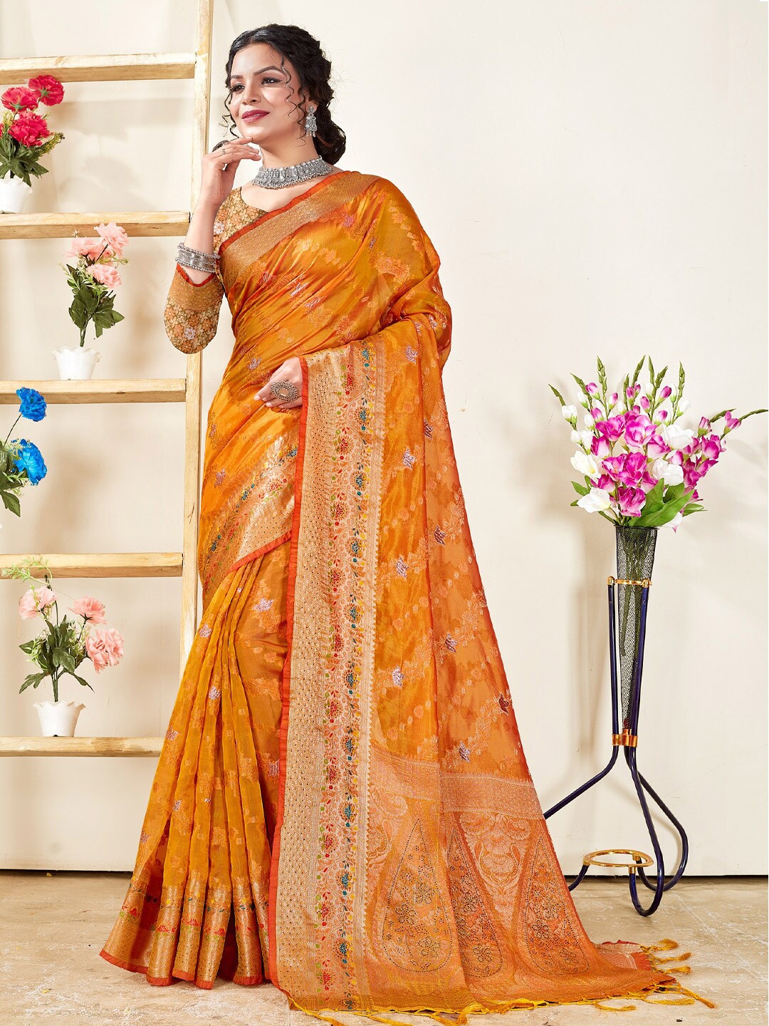 

SANGAM PRINTS Ethnic Motifs Woven Design Zari Organza Saree, Yellow