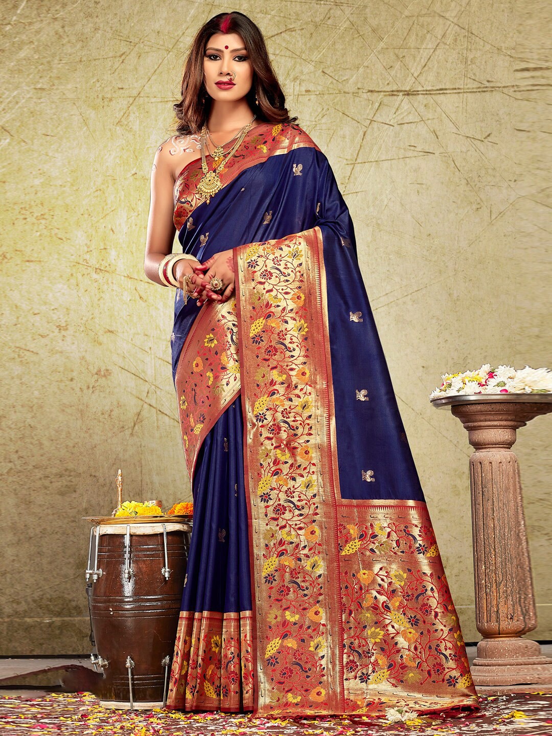 

SANGAM PRINTS Ethnic Motifs Woven Design Zari Silk Blend Paithani Saree, Navy blue
