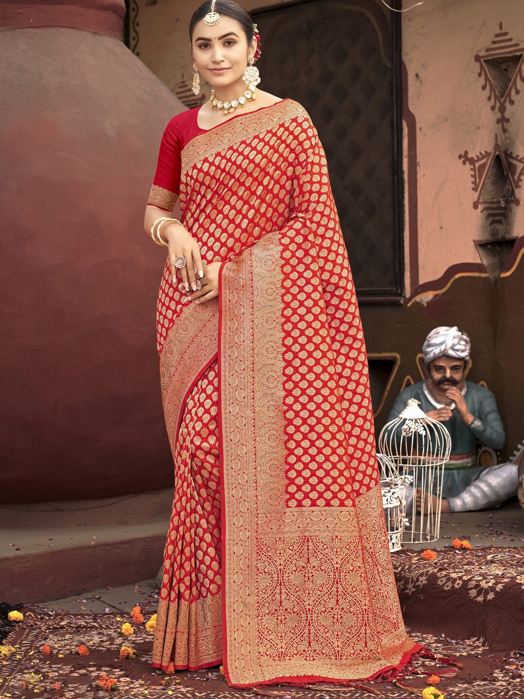 

SANGAM PRINTS Ethnic Motifs Woven Design Zari Banarasi Saree, Red