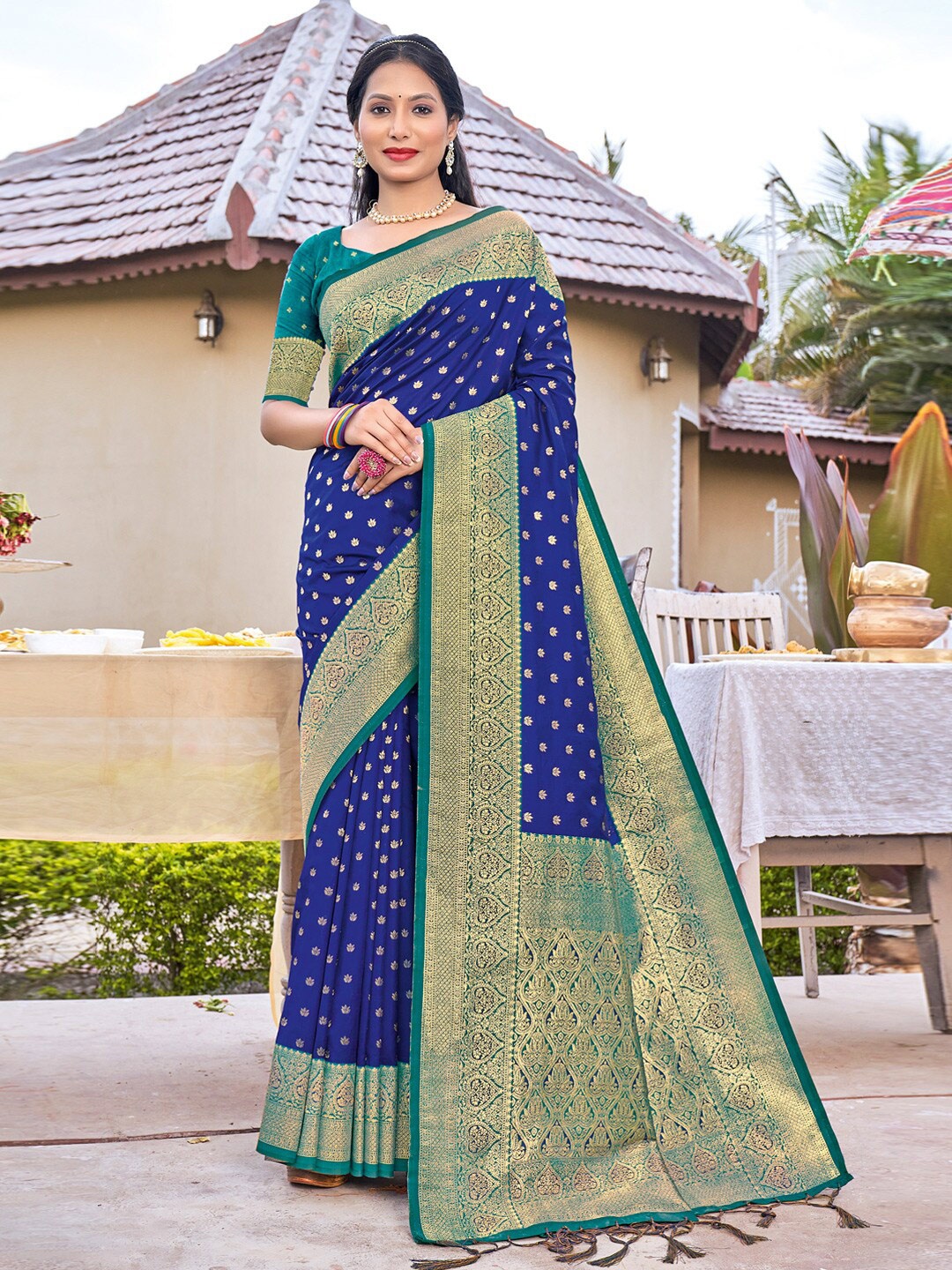 

SANGAM PRINTS Ethnic Motifs Woven Design Zari Banarasi Saree, Blue