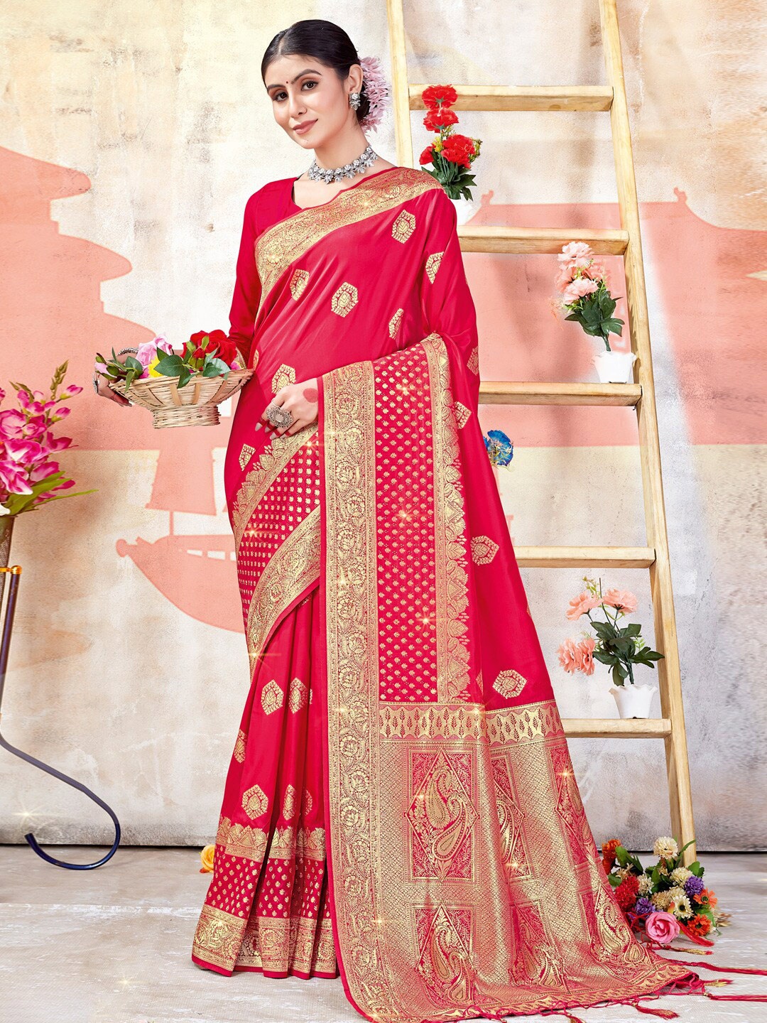 

SANGAM PRINTS Ethnic Motifs Woven Design Zari Saree, Pink