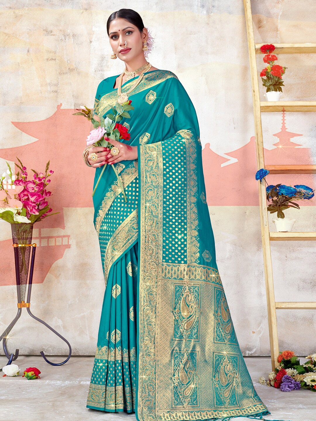 

SANGAM PRINTS Ethnic Motifs Woven Design Zari Saree, Blue