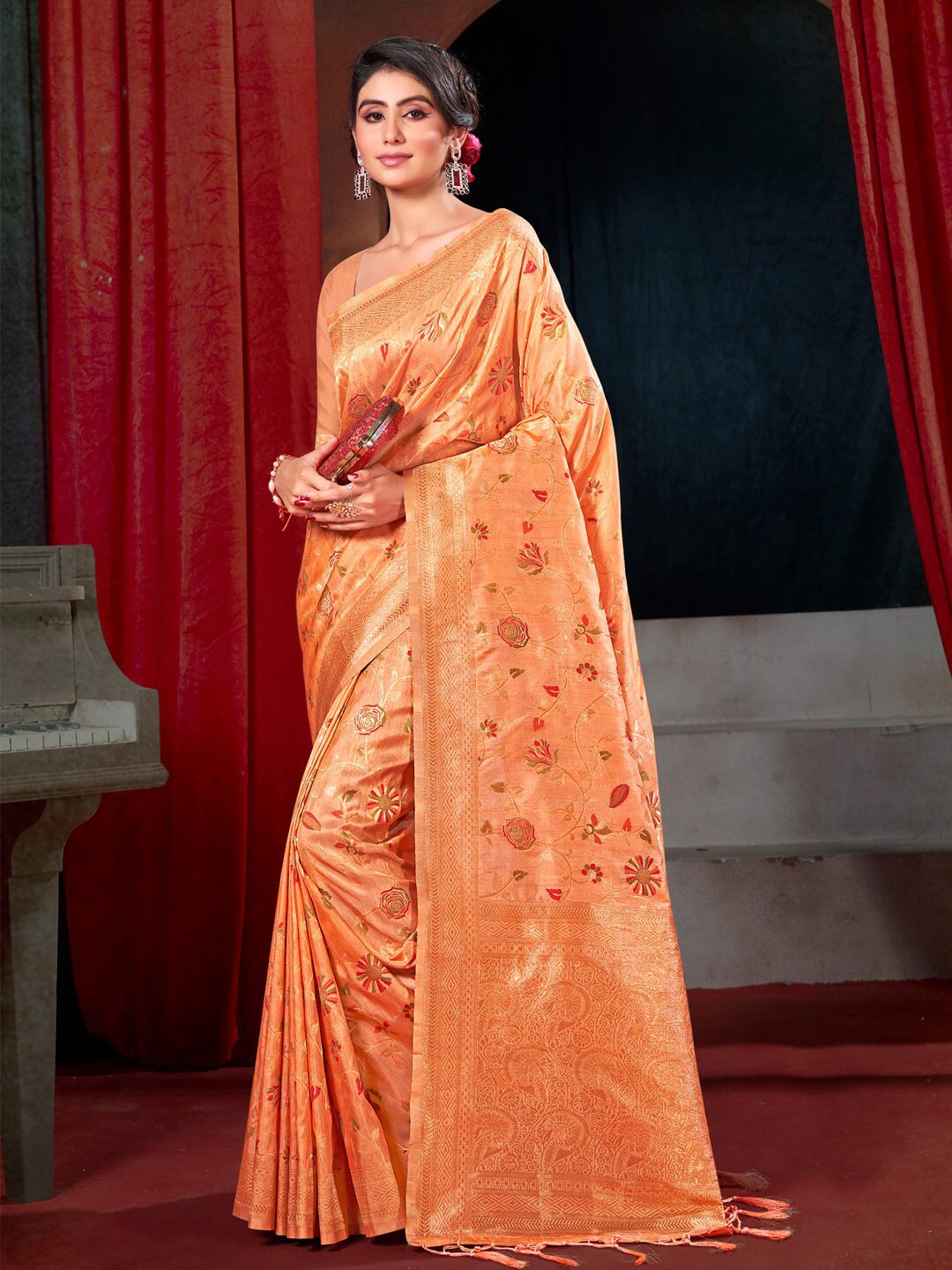 

SANGAM PRINTS Floral Woven Design Zari Saree, Orange