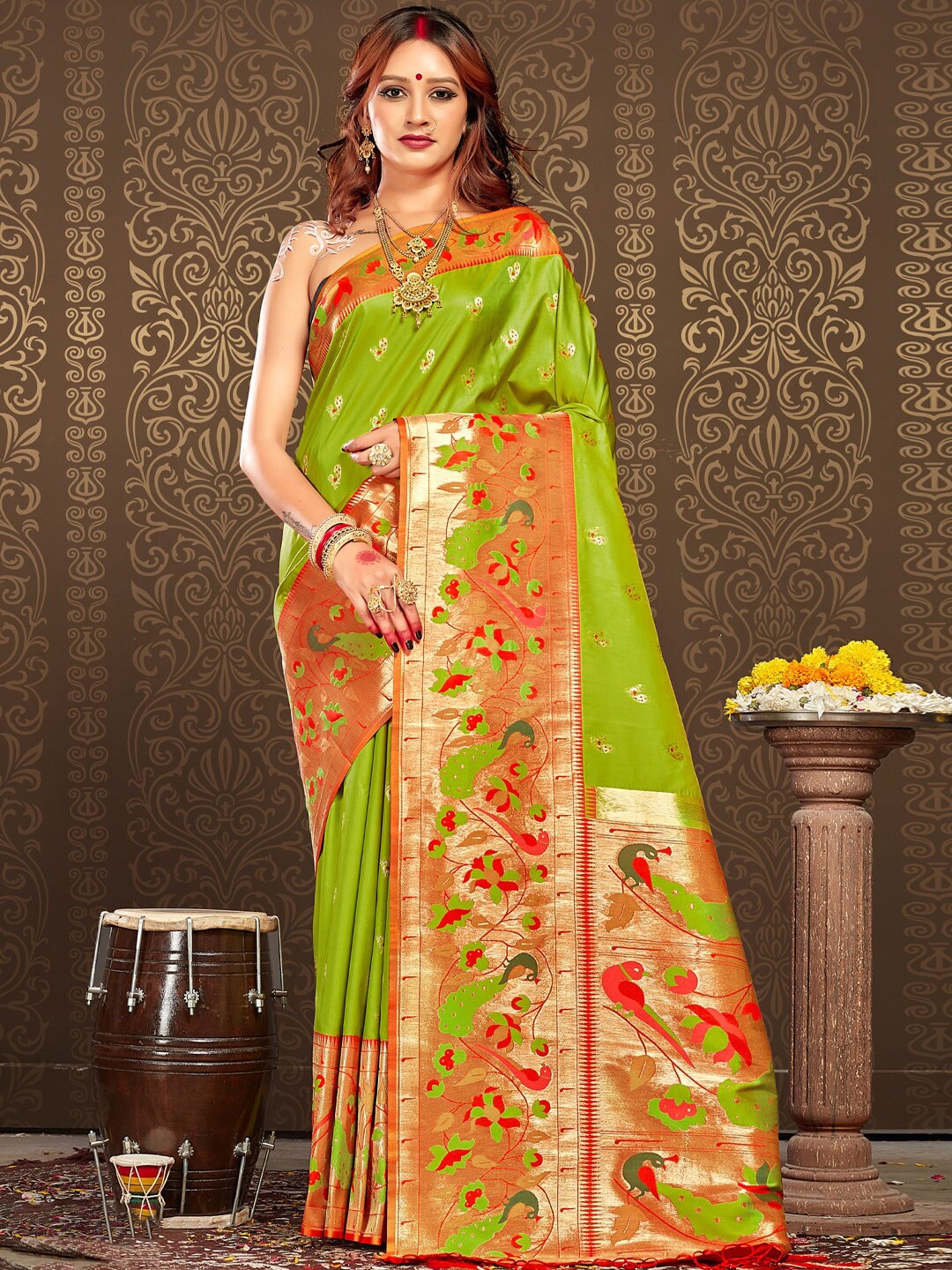 

SANGAM PRINTS Ethnic Motifs Woven Design Zari Paithani Saree, Green