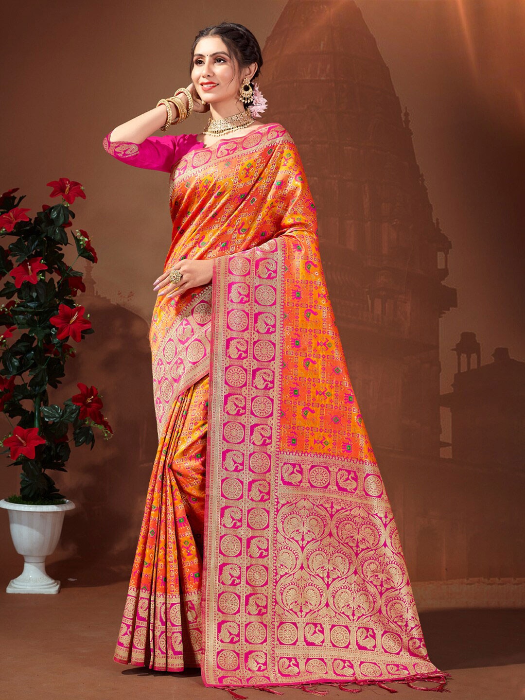 

SANGAM PRINTS Ethnic Motifs Woven Design Zari Patola Saree, Pink