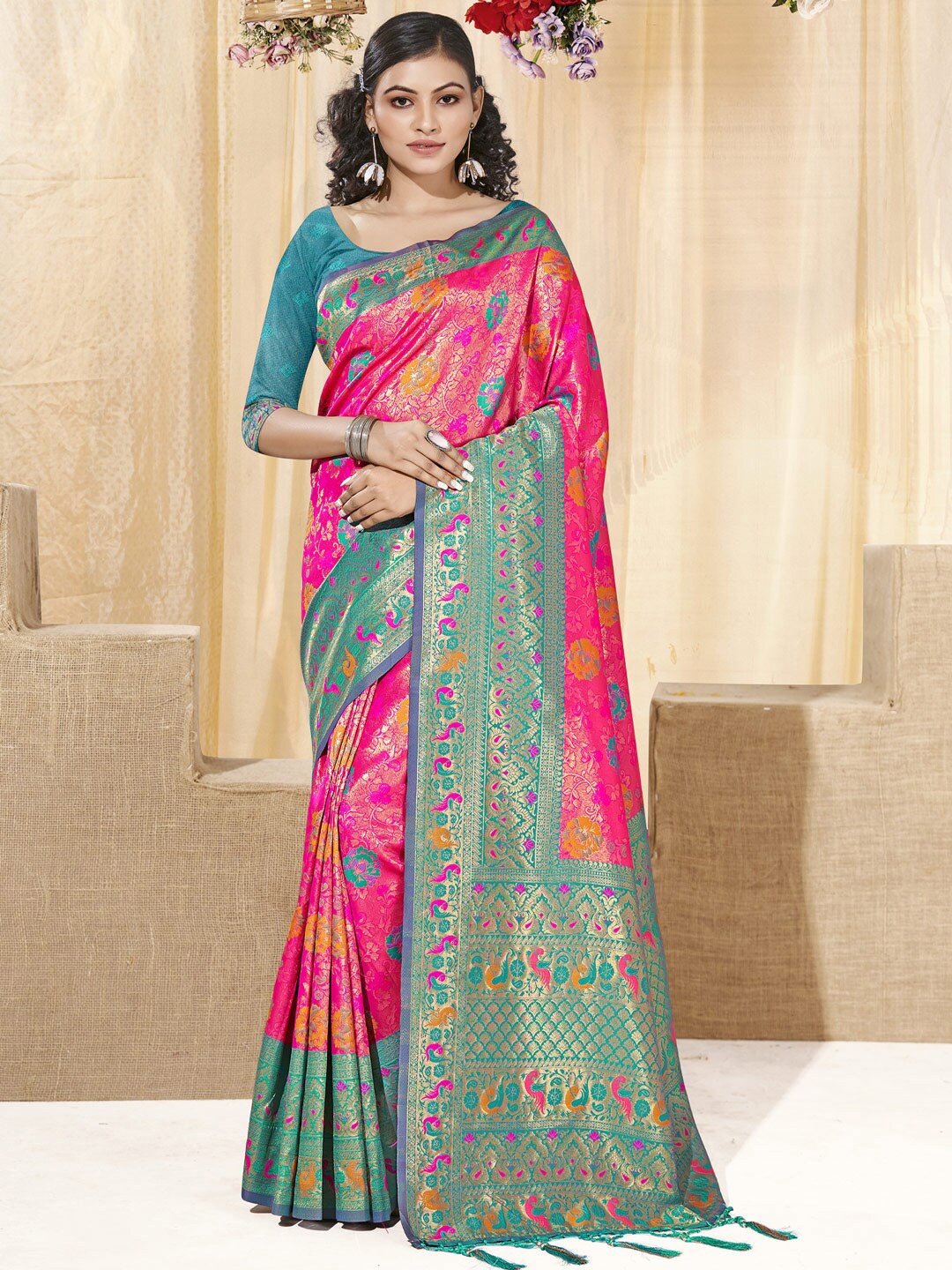 

SANGAM PRINTS Ethnic Motifs Woven Design Zari Kanjeevaram Saree, Pink