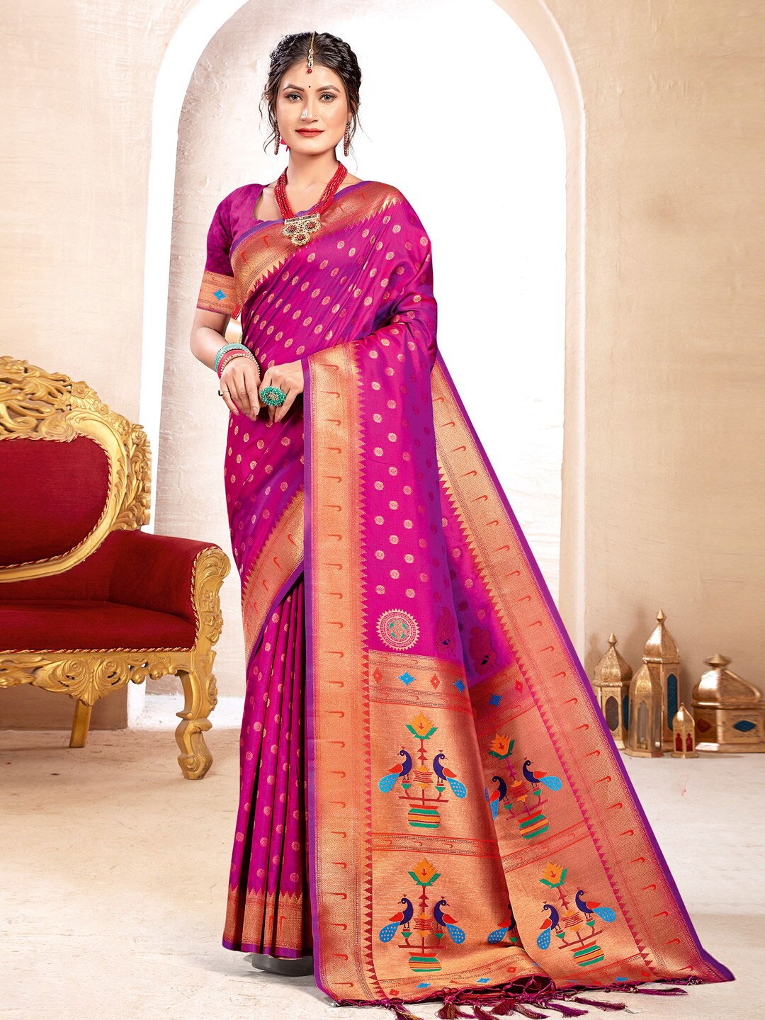 

SANGAM PRINTS Ethnic Motifs Woven Design Zari Paithani Saree, Magenta