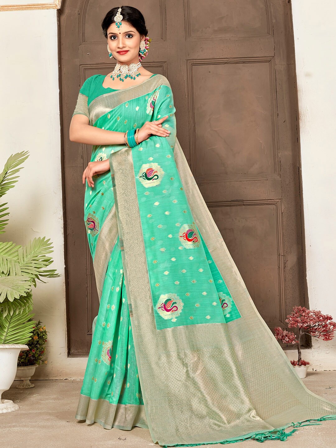 

SANGAM PRINTS Woven Design Zari Saree, Sea green
