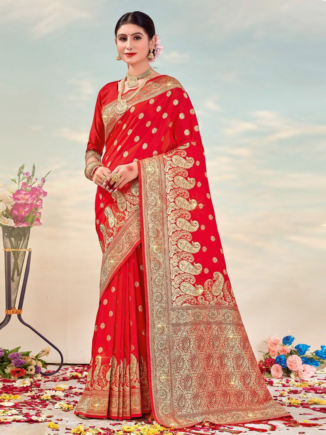 

SANGAM PRINTS Woven Design Zari Silk Blend Saree, Red