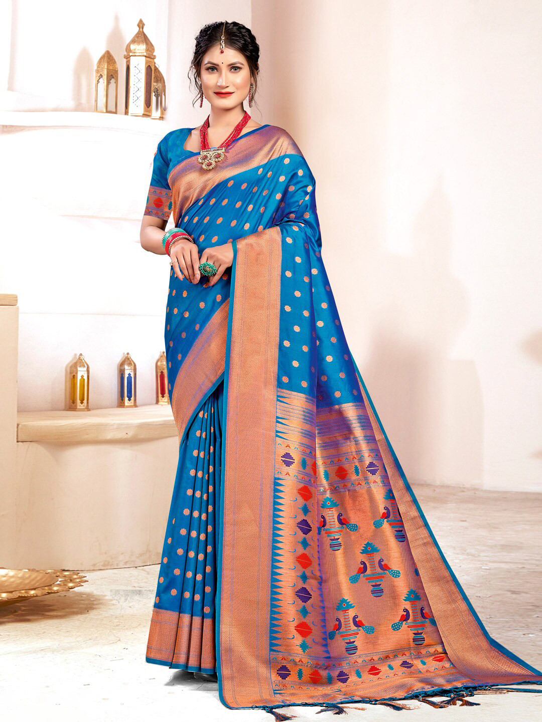 

SANGAM PRINTS Woven Design Zari Paithani Saree, Blue