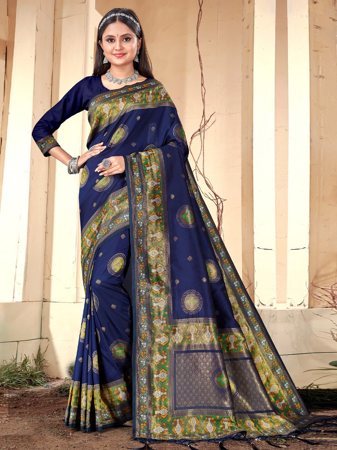 

SANGAM PRINTS Woven Design Silk Blend Saree, Blue