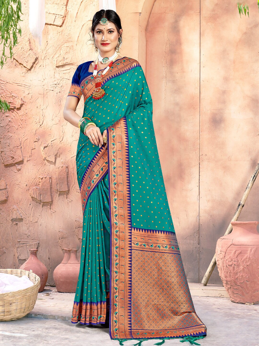 

SANGAM PRINTS Woven Design Zari Silk Blend Saree, Sea green