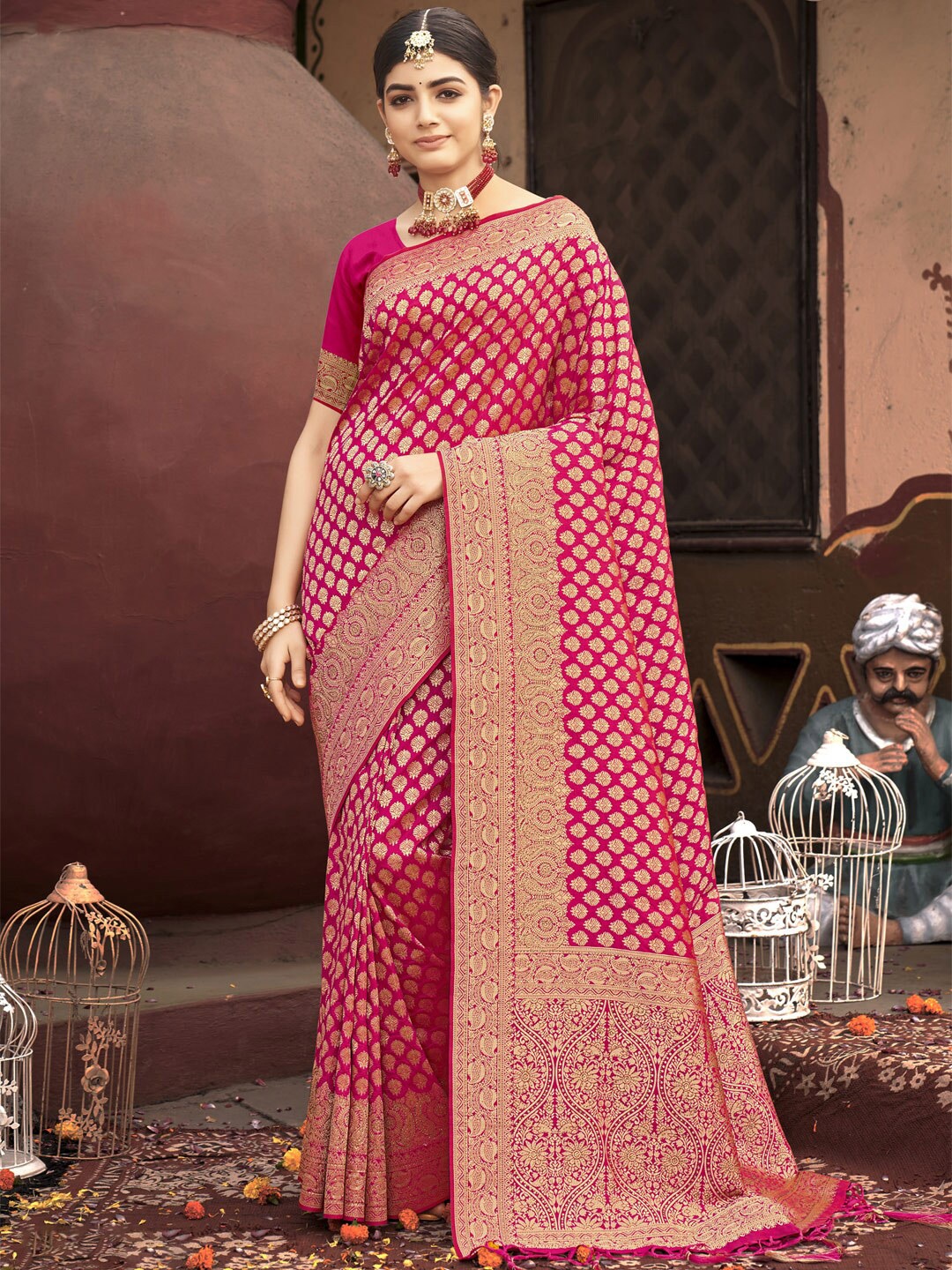 

SANGAM PRINTS Woven Design Zari Banarasi Saree, Pink