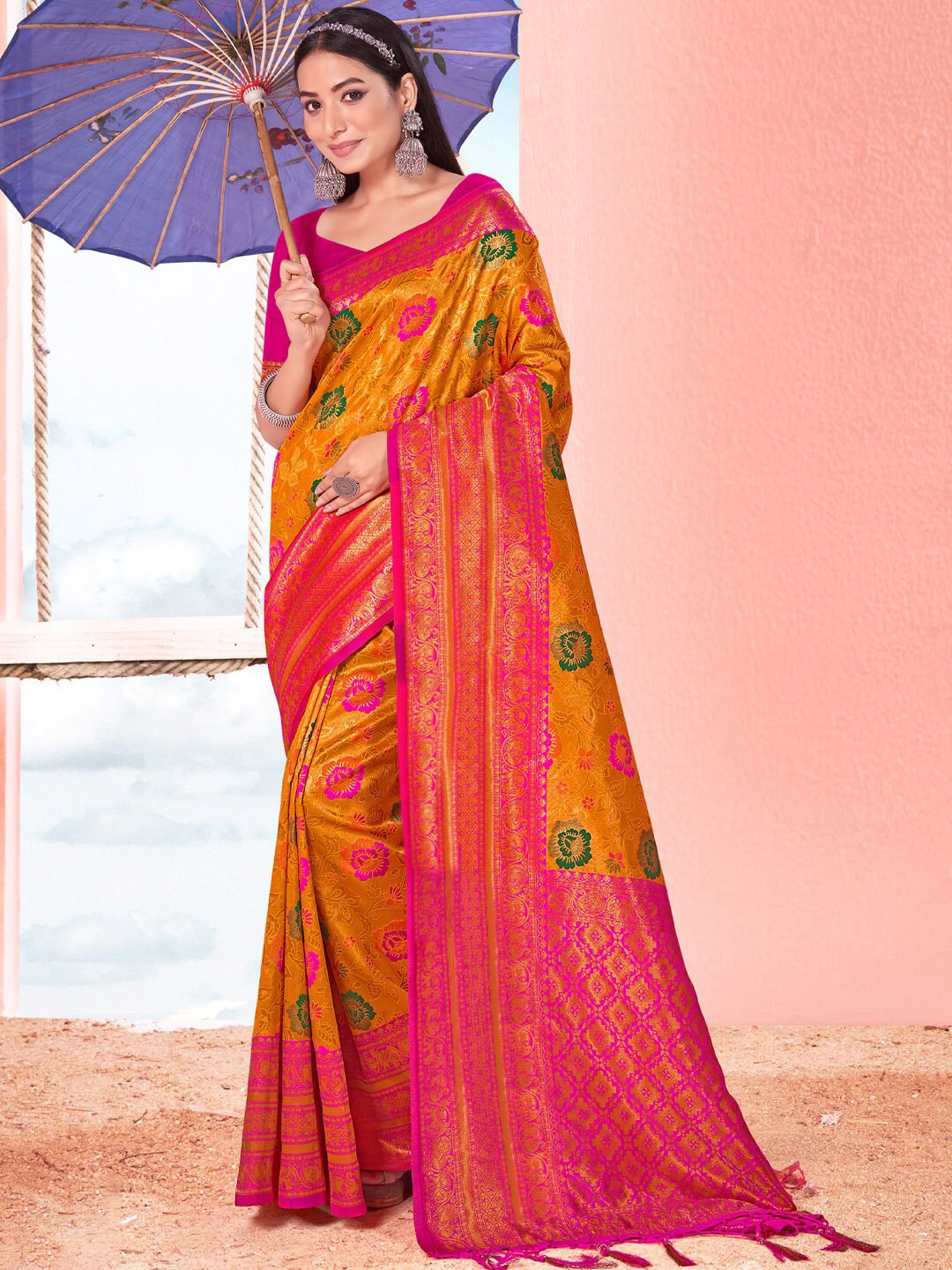 

SANGAM PRINTS Floral Woven Design Zari Traditional Banarasi Saree, Yellow