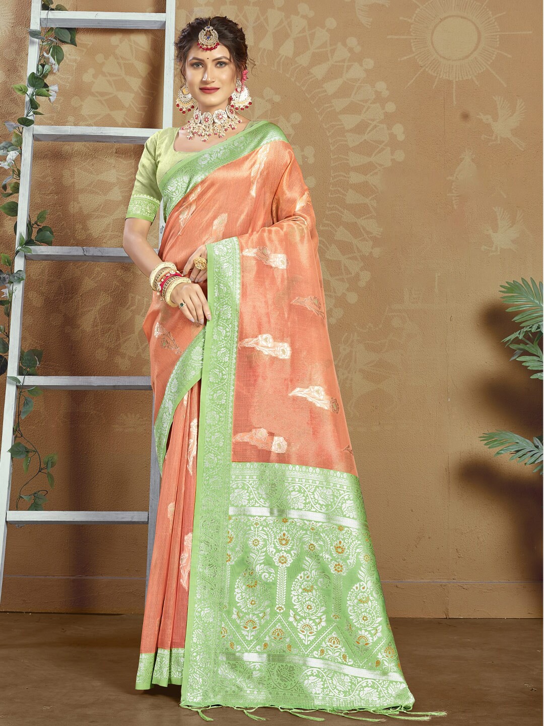

SANGAM PRINTS Floral Woven Design Zari Saree, Peach