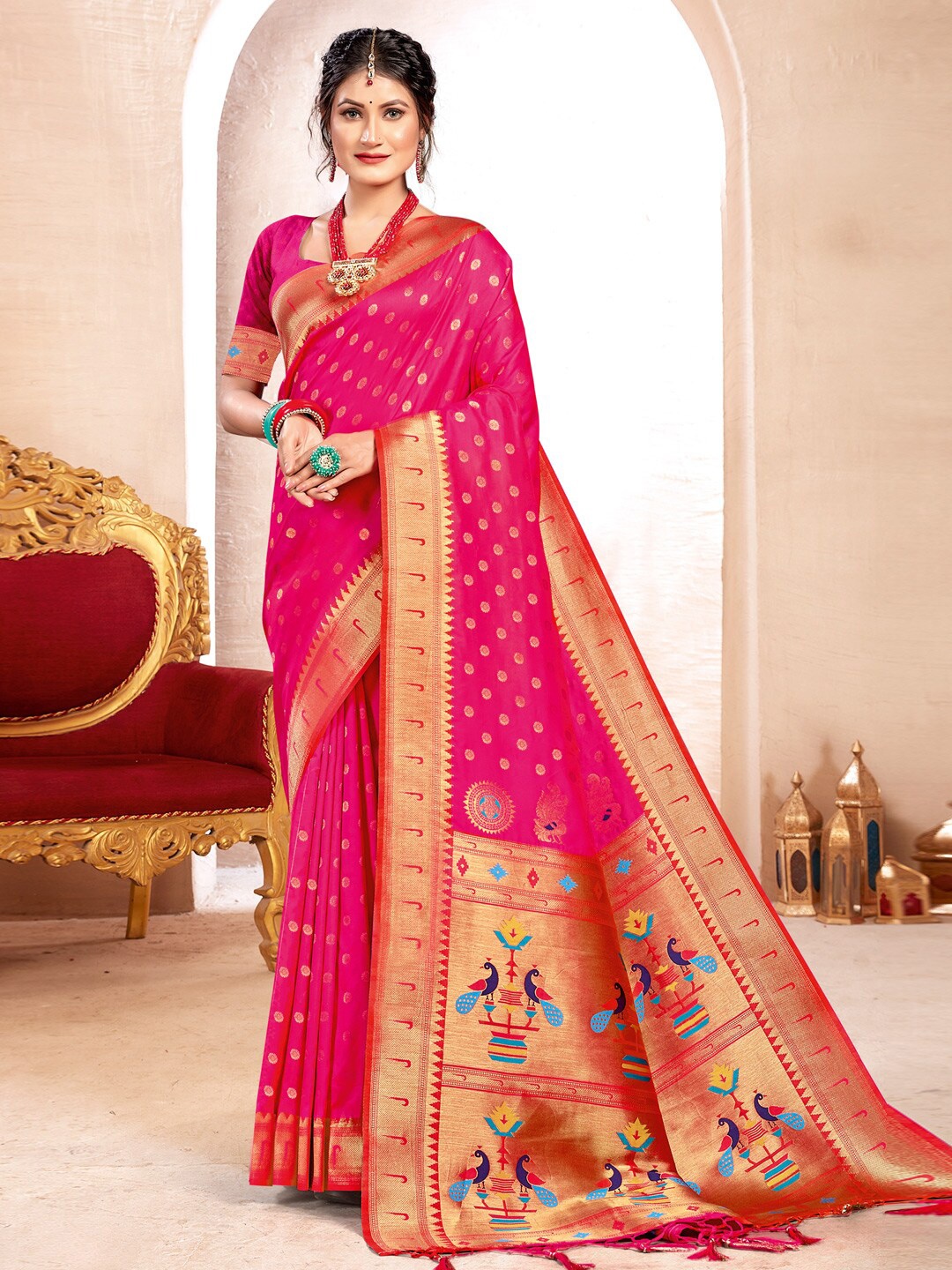 

SANGAM PRINTS Ethnic Motifs Woven Design Zari Paithani Saree, Pink