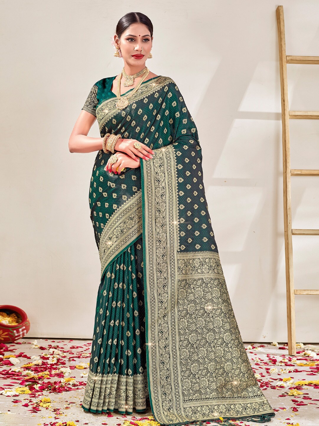 

SANGAM PRINTS Ethnic Motifs Woven Design Zari Saree, Teal