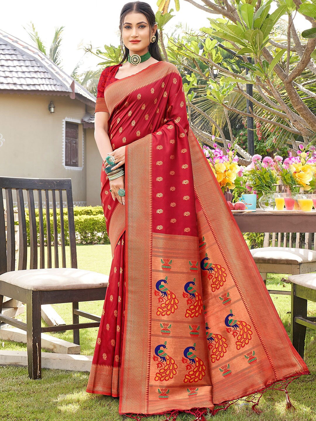 

SANGAM PRINTS Ethnic Motifs Woven Design Zari Paithani Saree, Red