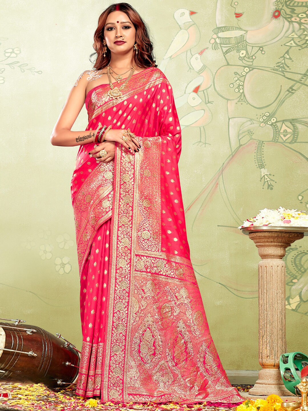 

SANGAM PRINTS Ethnic Motifs Woven Design Zari Banarasi Saree, Pink