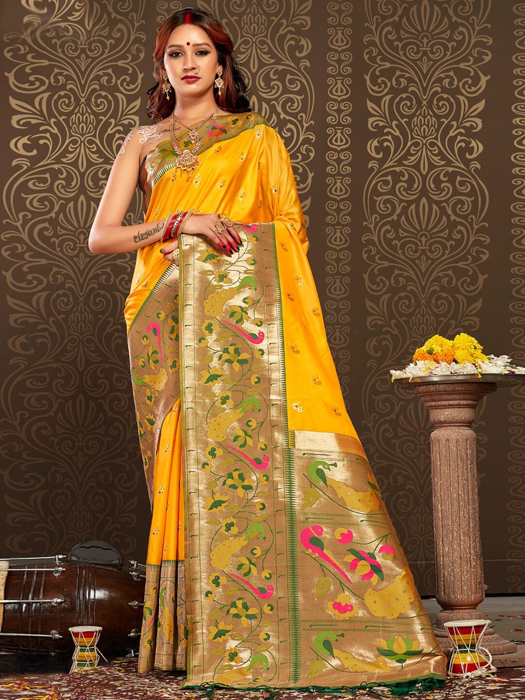 

SANGAM PRINTS Ethnic Motifs Woven Design Zari Paithani Saree, Yellow