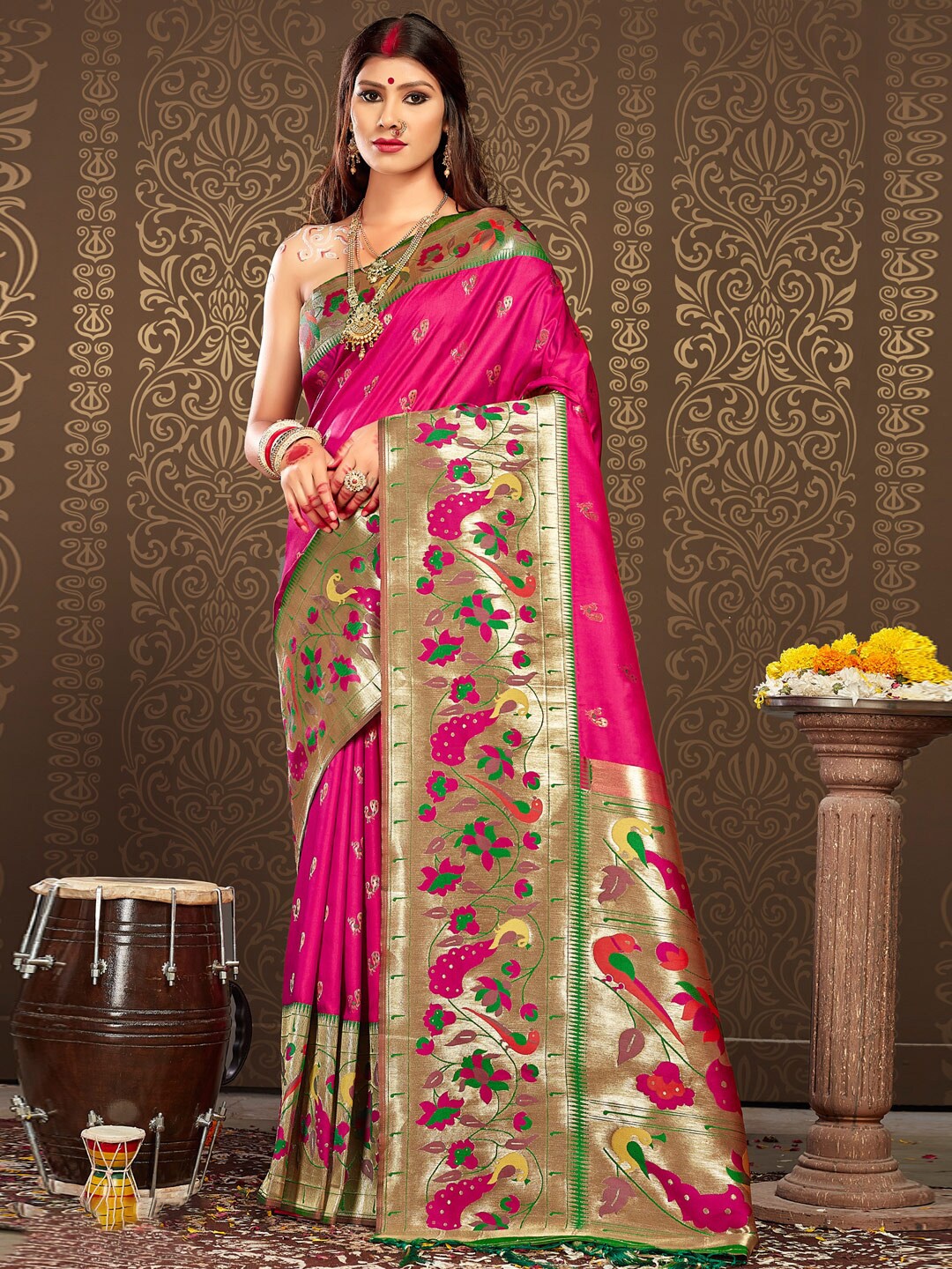 

SANGAM PRINTS Ethnic Motifs Woven Design Zari Paithani Saree, Magenta