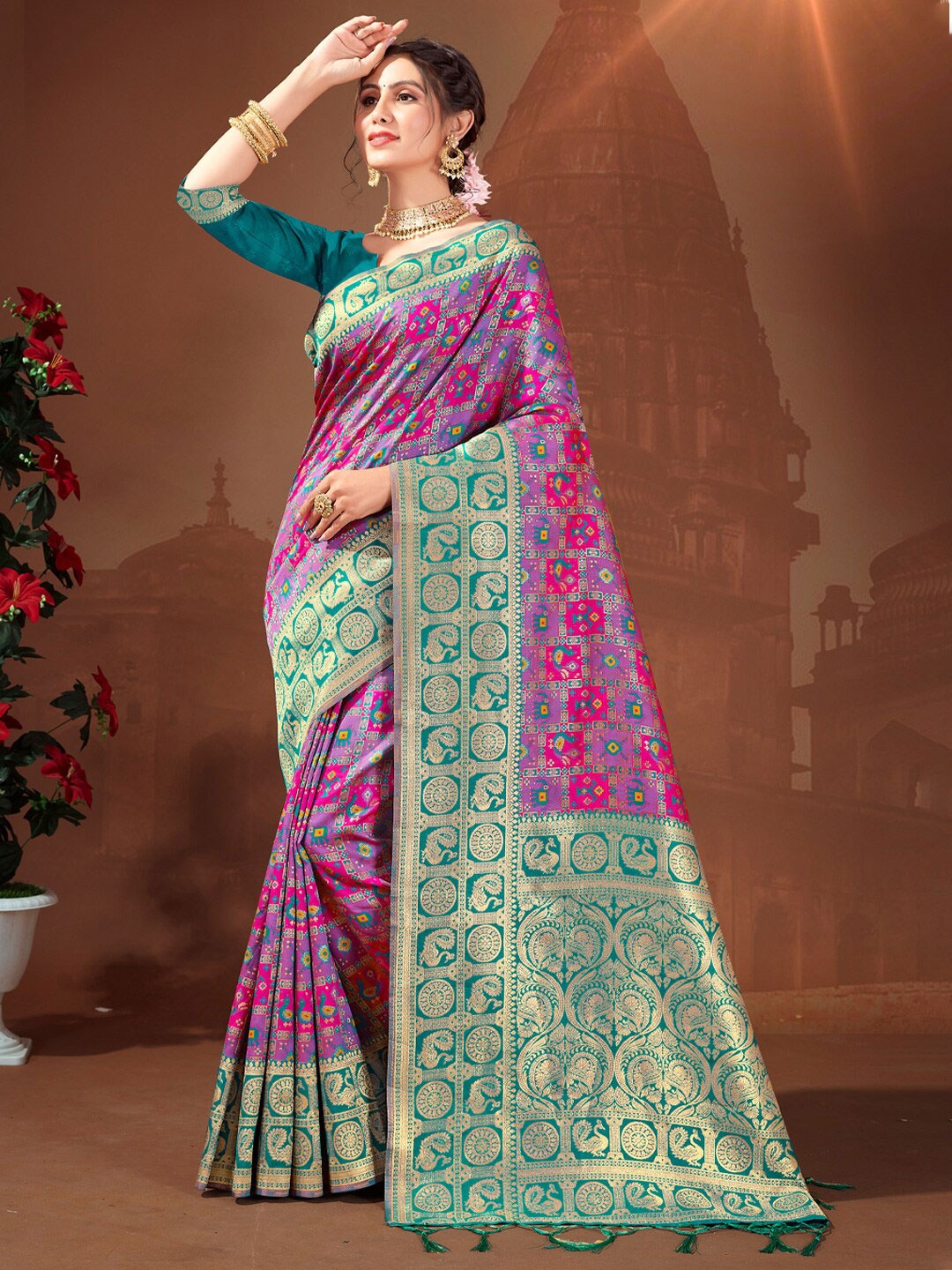 

SANGAM PRINTS Woven Design Zari Silk Blend Patola Saree, Pink