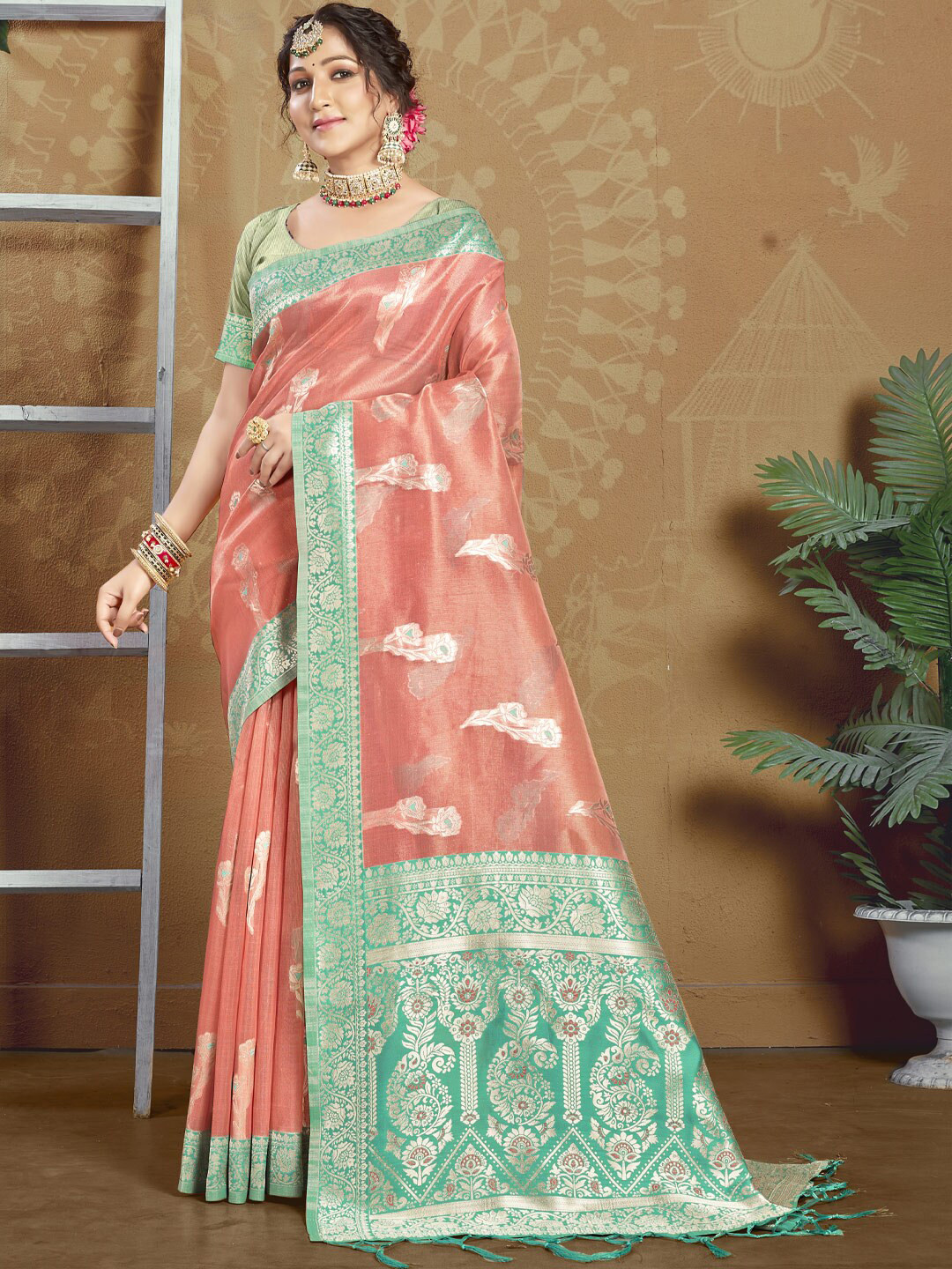 

SANGAM PRINTS Woven Design Zari Saree, Pink