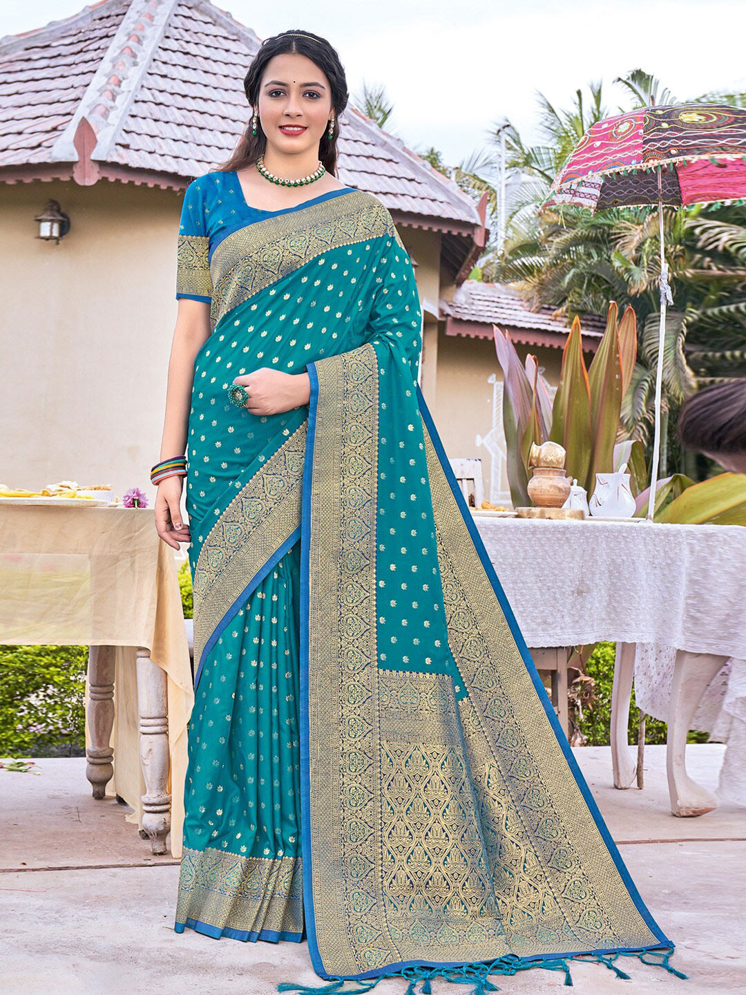 

SANGAM PRINTS Woven Design Zari Silk Blend Banarasi Saree, Sea green