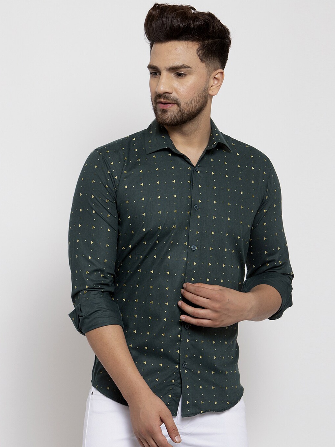 

JAINISH Classic Geometric Printed Pure Cotton Casual Shirt, Green