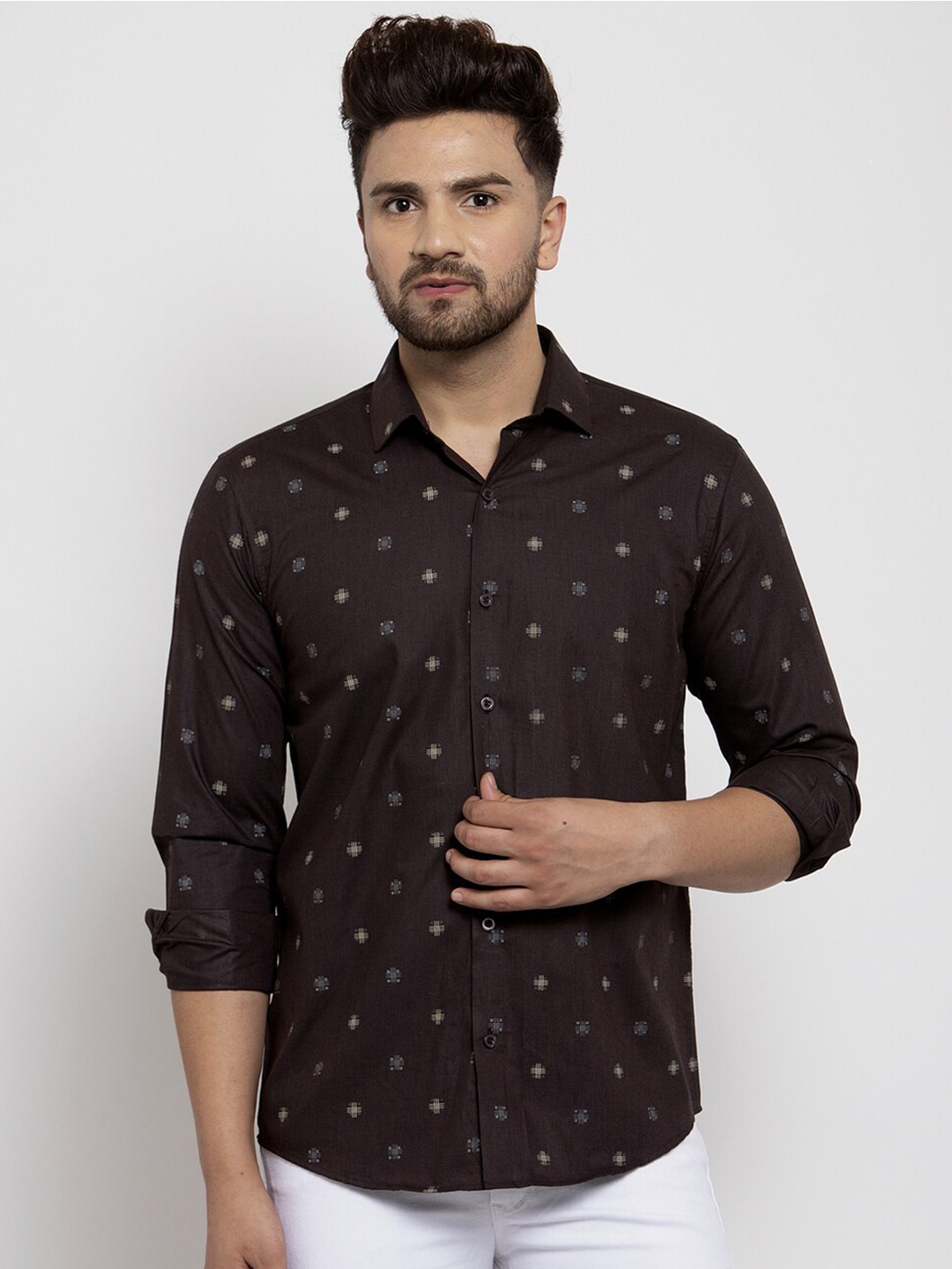 

JAINISH Classic Geometric Printed Pure Cotton Casual Shirt, Black