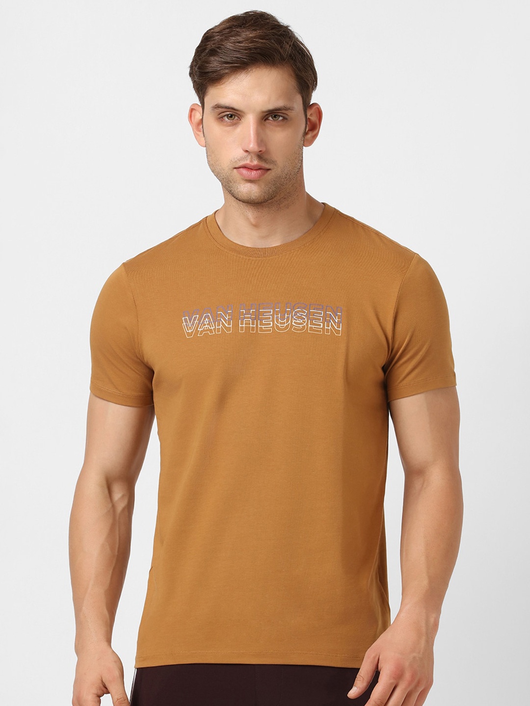 VAN HEUSEN DENIM LABS Typography Printed Cotton T-shirt, Brown