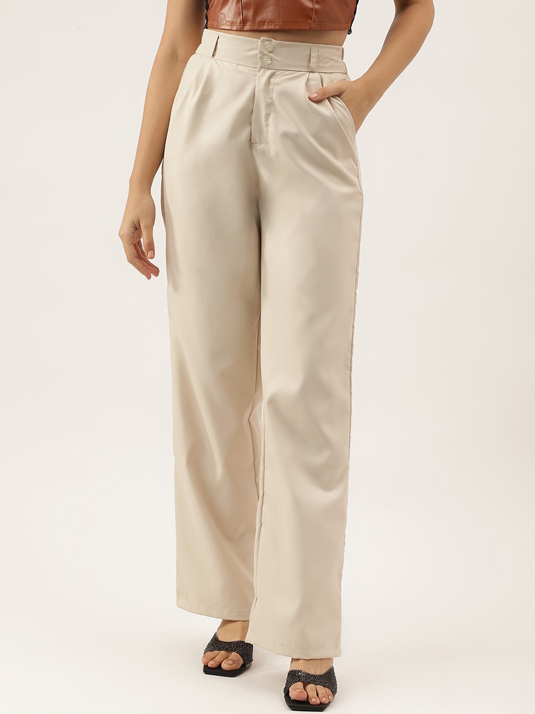 

AAHWAN Women Loose Fit High-Rise Pleated Trousers, Cream